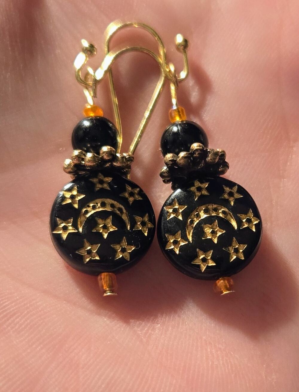Halloween Earrings Moon And Stars Witch Witchy Black Gold Dangle Drop 1.25"